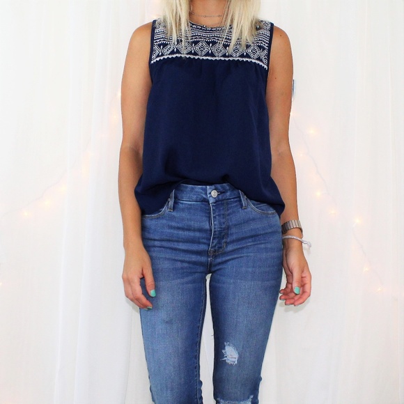 E hanger M Tops - E Hanger M Navy Blue Boho Embroider Blouse